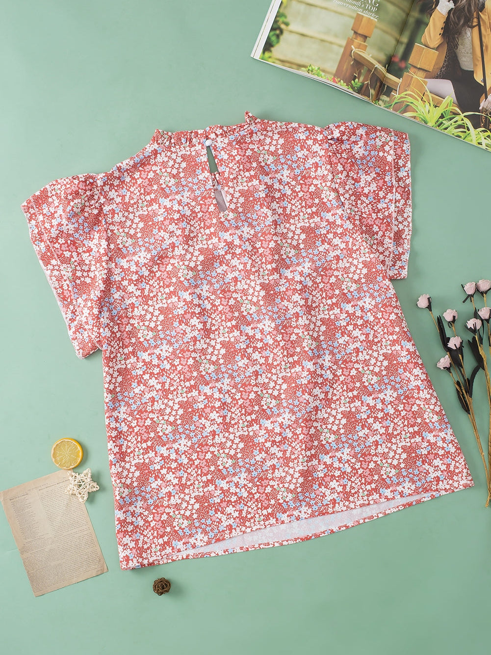 Pink Plus Size Floral Print Ruffled Sleeve Frilled Neck Blouse