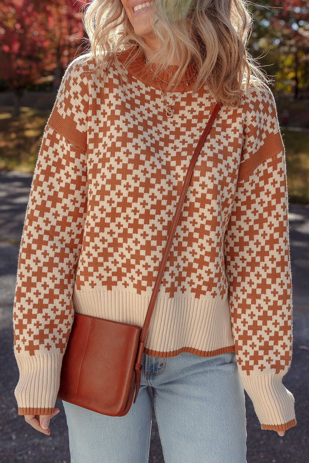 Brown Two Tone Contrast Geometric Ribbed Edge Loose Sweater