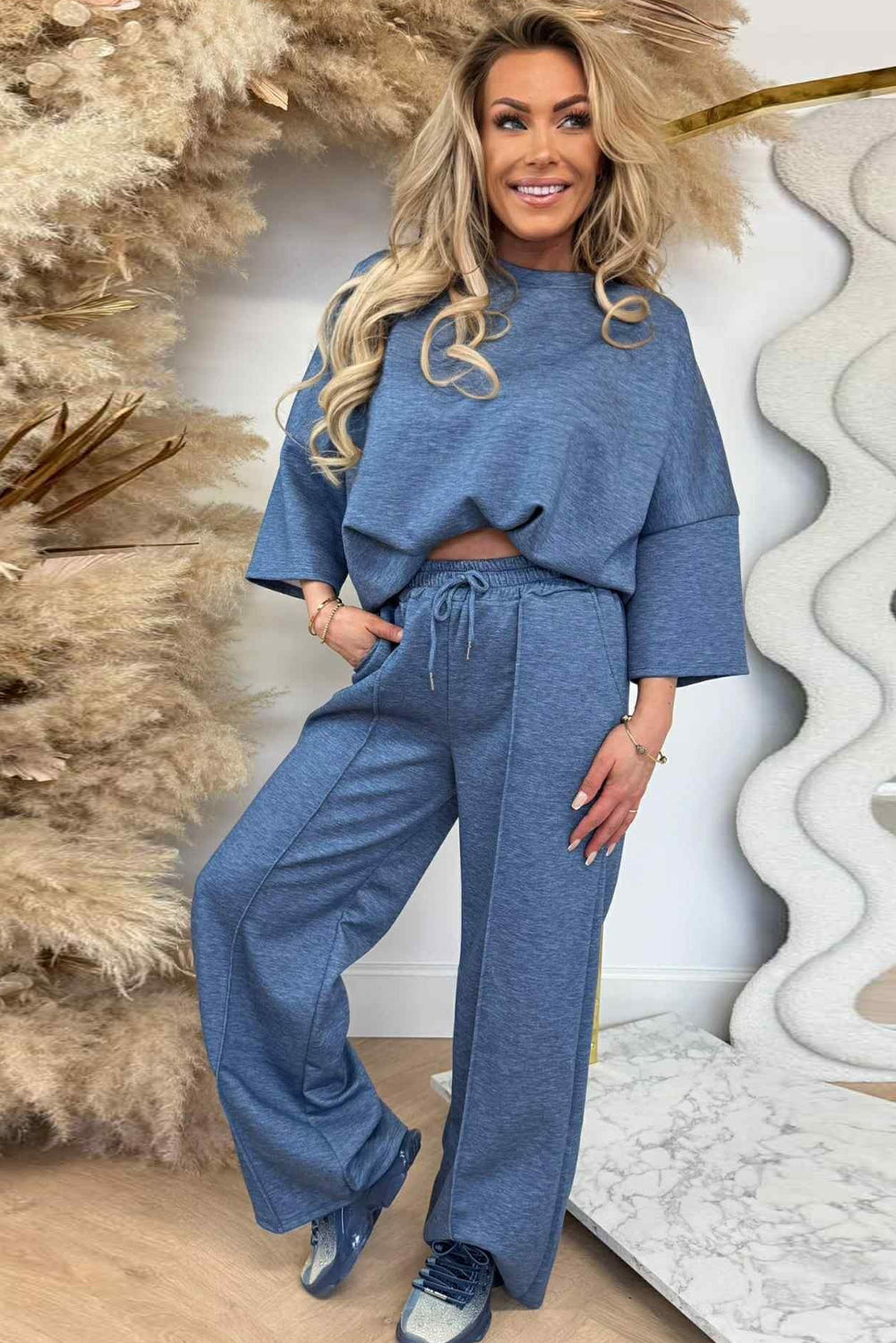 Ashleigh Blue 3/4 Sleeve Loose Top Drawstring Wide Leg Pant Set