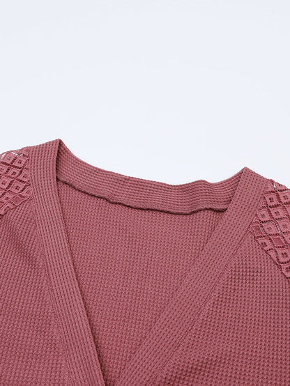 Lacy Waffle Knit Button-Up Cardigan with Long Sleeves