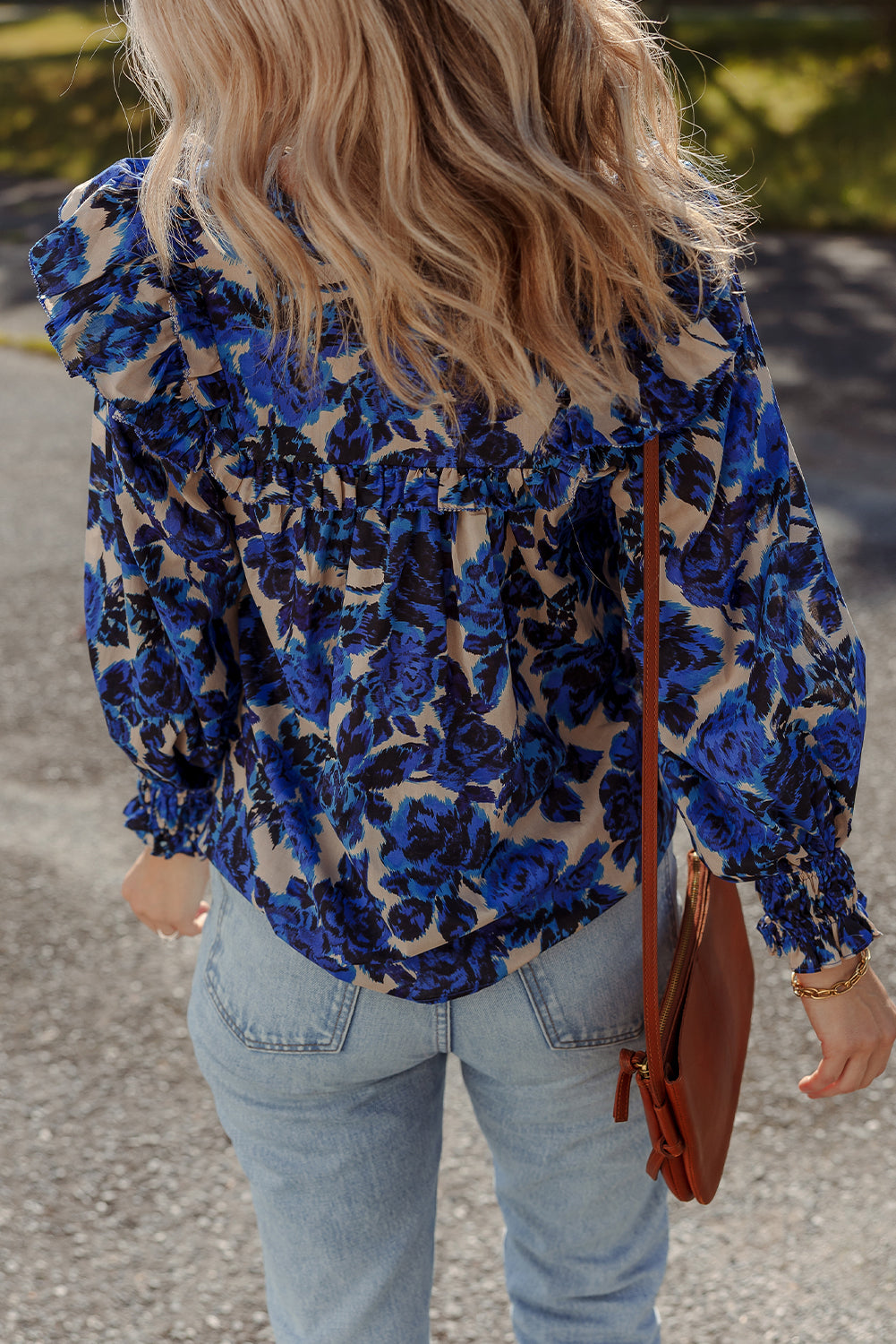 Blue Floral Print Tassel Tie Neck Ruffle Trim Long Puff Sleeve Blouse