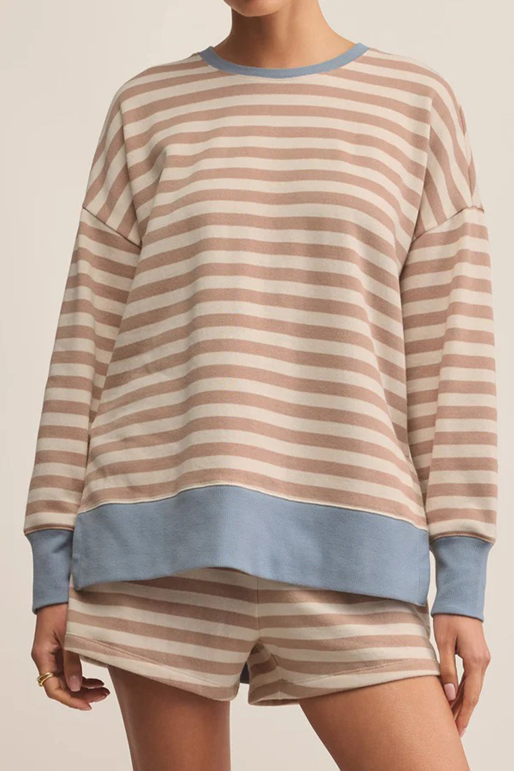 Khaki Stripe Color Block Patchwork Oversized Pullover Drawstring Shorts 2pcs Set