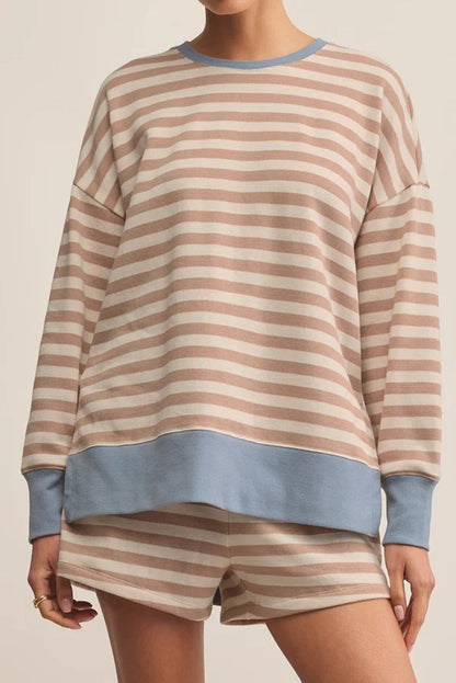 Khaki Stripe Color Block Patchwork Oversized Pullover Drawstring Shorts 2pcs Set