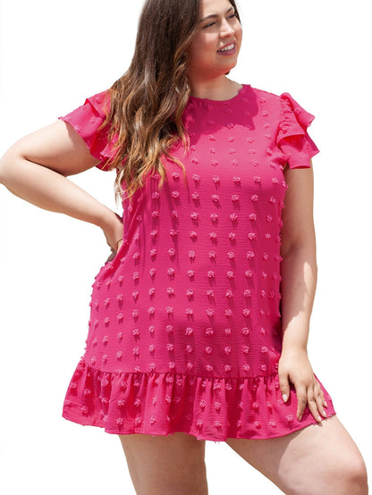 Strawberry Pink Jacquard Ruffle Sleeve Plus Size Mini Dress