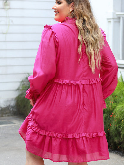 Rosy V-Neck Ruffle Detail Plus Size Shift Dress