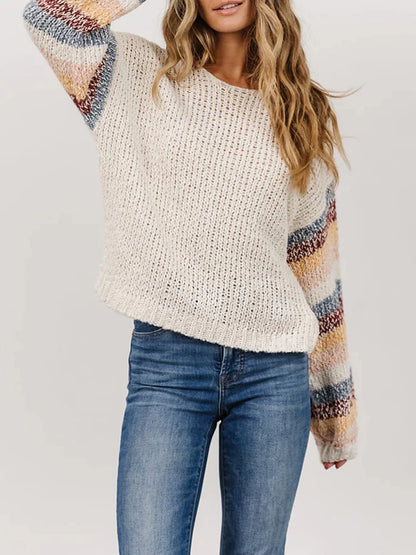 Women's Plus Size Pullover Sweater Jumper Crew Neck Ribbed Knit Polyester Patchwork Fall Winter Regular Outdoor Going out Weekend Stylish Plus Size Casual Long Sleeve Striped White XS S M