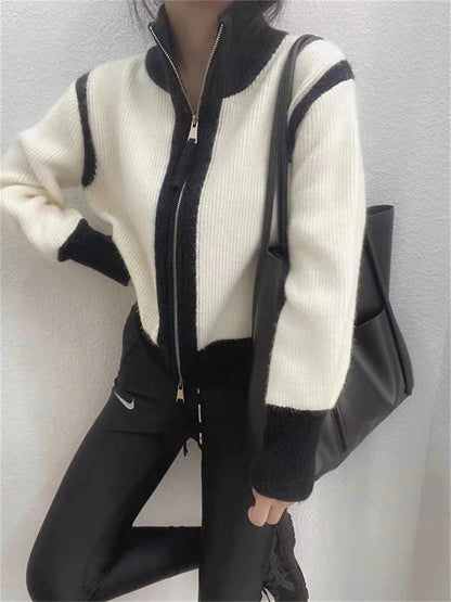 Women's Cardigan Sweater Stand Collar Ribbed Knit Knit Patchwork Zipper Fall Winter Regular Outdoor Daily Going out Stylish Casual Soft Long Sleeve Color Block Black White Green S M L