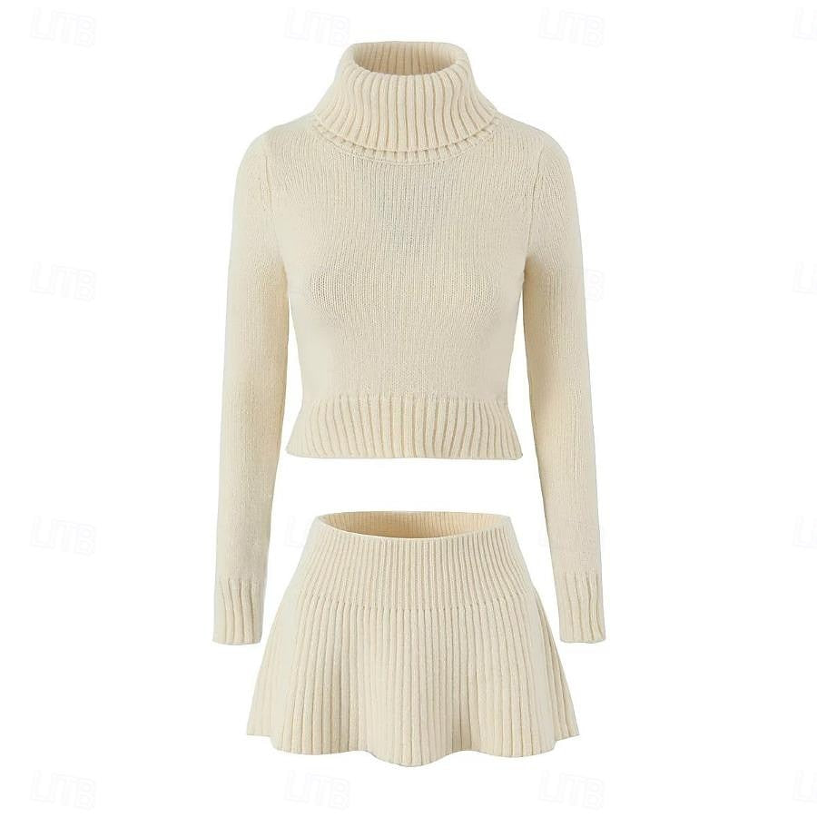 Set with Cropped Turtleneck Sweater Knitted Mini Skirt 2 PCS Sexy Cute Y2K Casual Daily Outfits