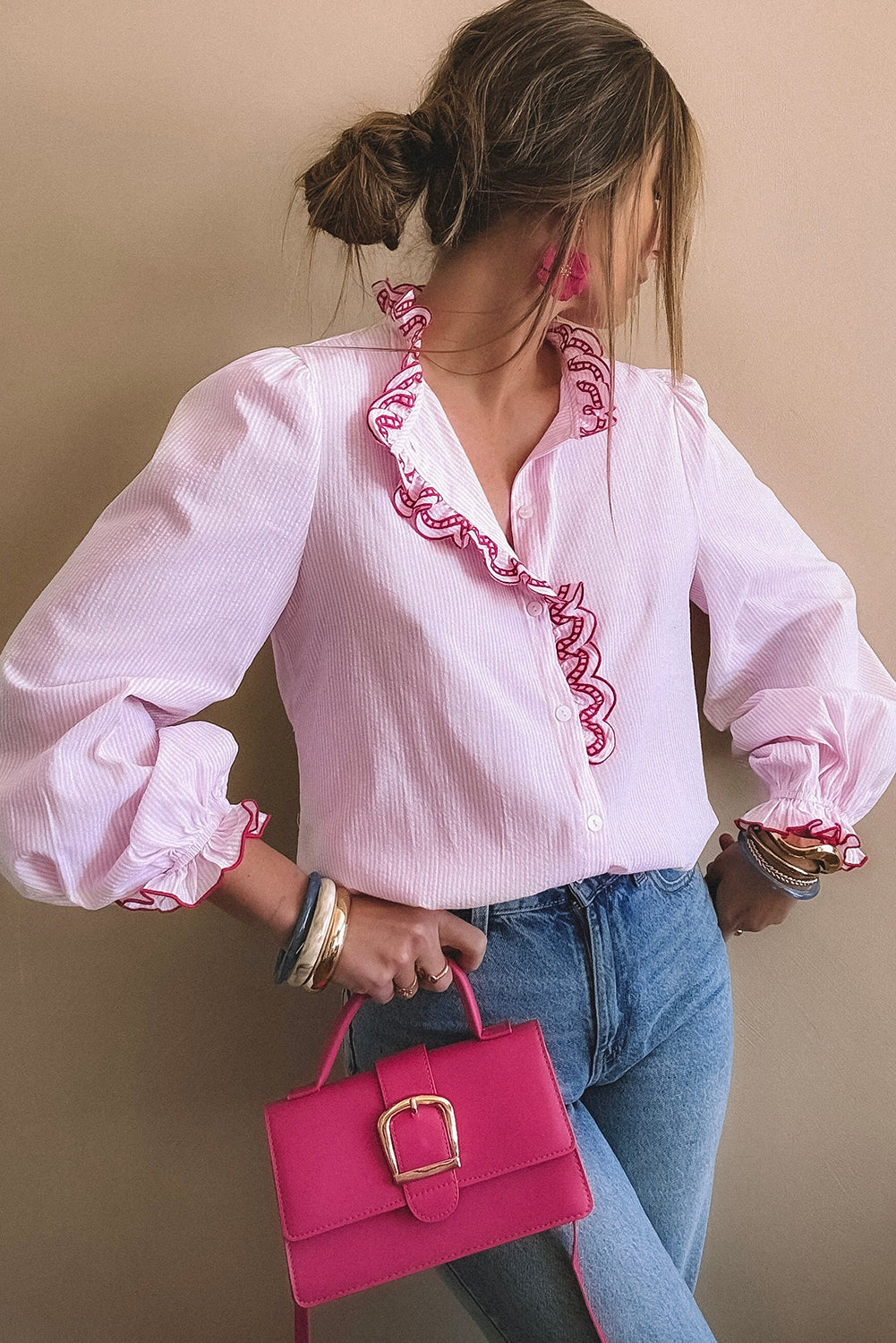 Light Pink Striped Print Embroidered Ruffle Trim Long Puff Sleeve Shirt