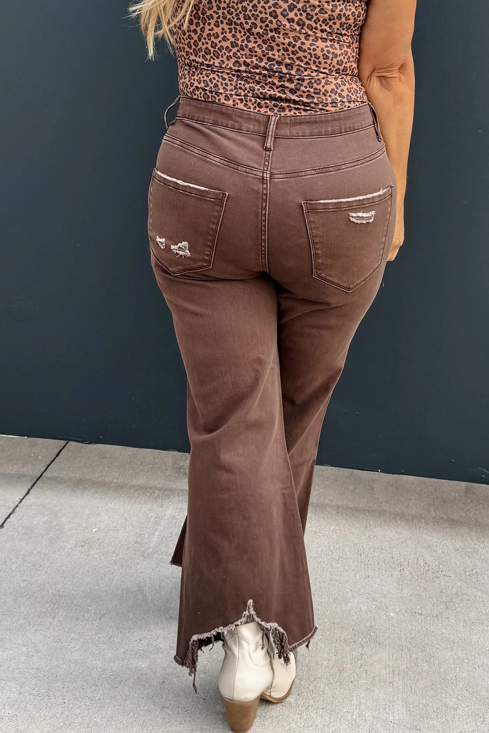 Coffee Asymmetric Distressed Raw Hem Cowgirl Jeans