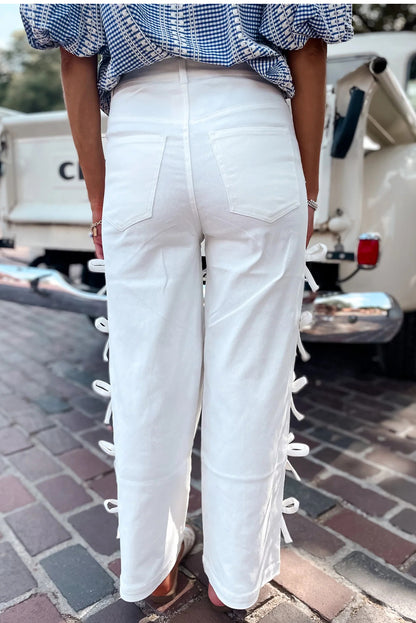 White Bow Knot Side Detail Straight Leg Loose Jeans