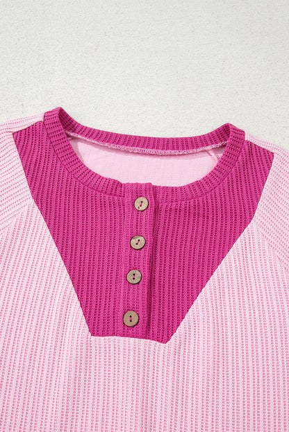 Pink Textured Knit Color Block Patchwork Button Neck Long Sleeve Top