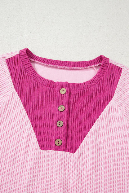 Pink Textured Knit Color Block Patchwork Button Neck Long Sleeve Top