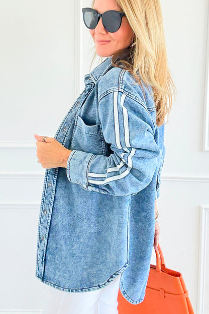 Myosotis Varsity Striped Sleeves Shirt Collar Button Down Denim Jacket