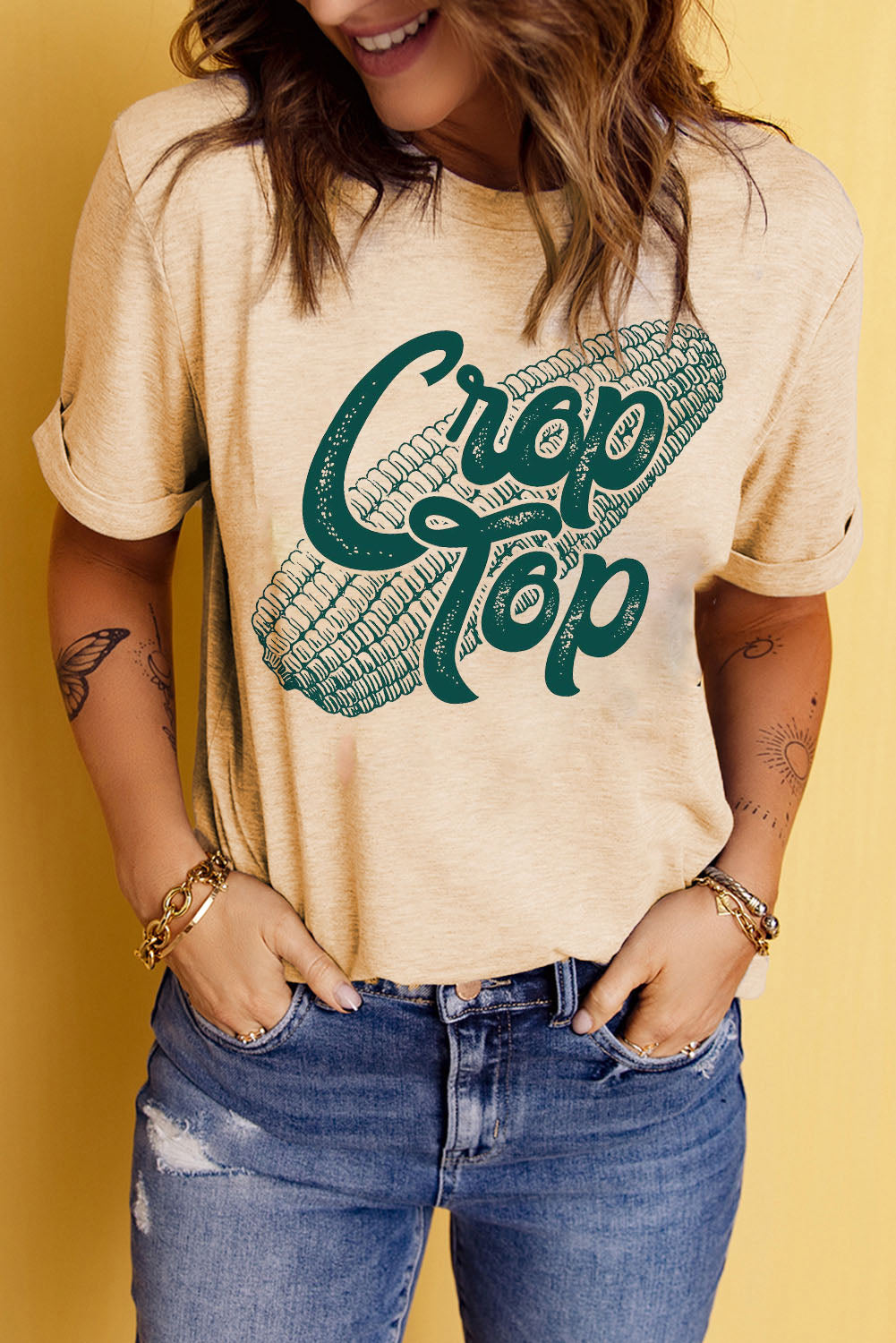 Khaki Corn Print Crop Top Tee