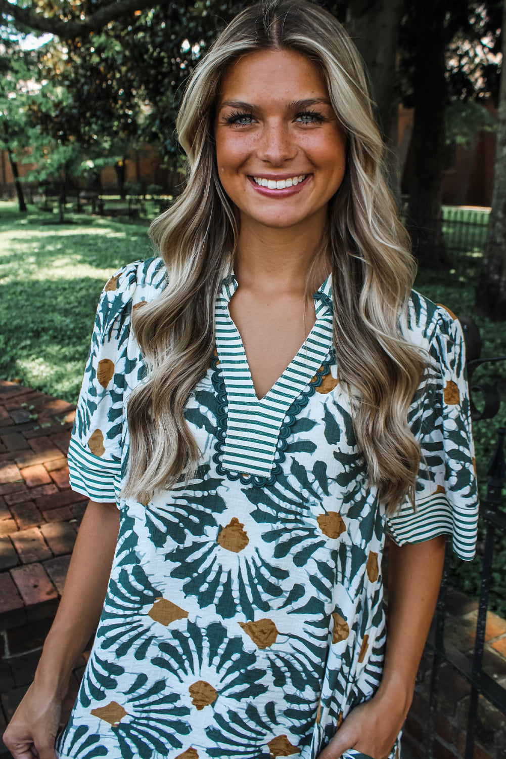 Green Abstract Floral Print Striped Collar Ruffle Hem Mini Dress