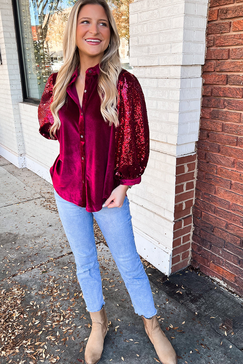 Red Dahlia Sequin Bubble Sleeve Patchwork Velvet Shirt