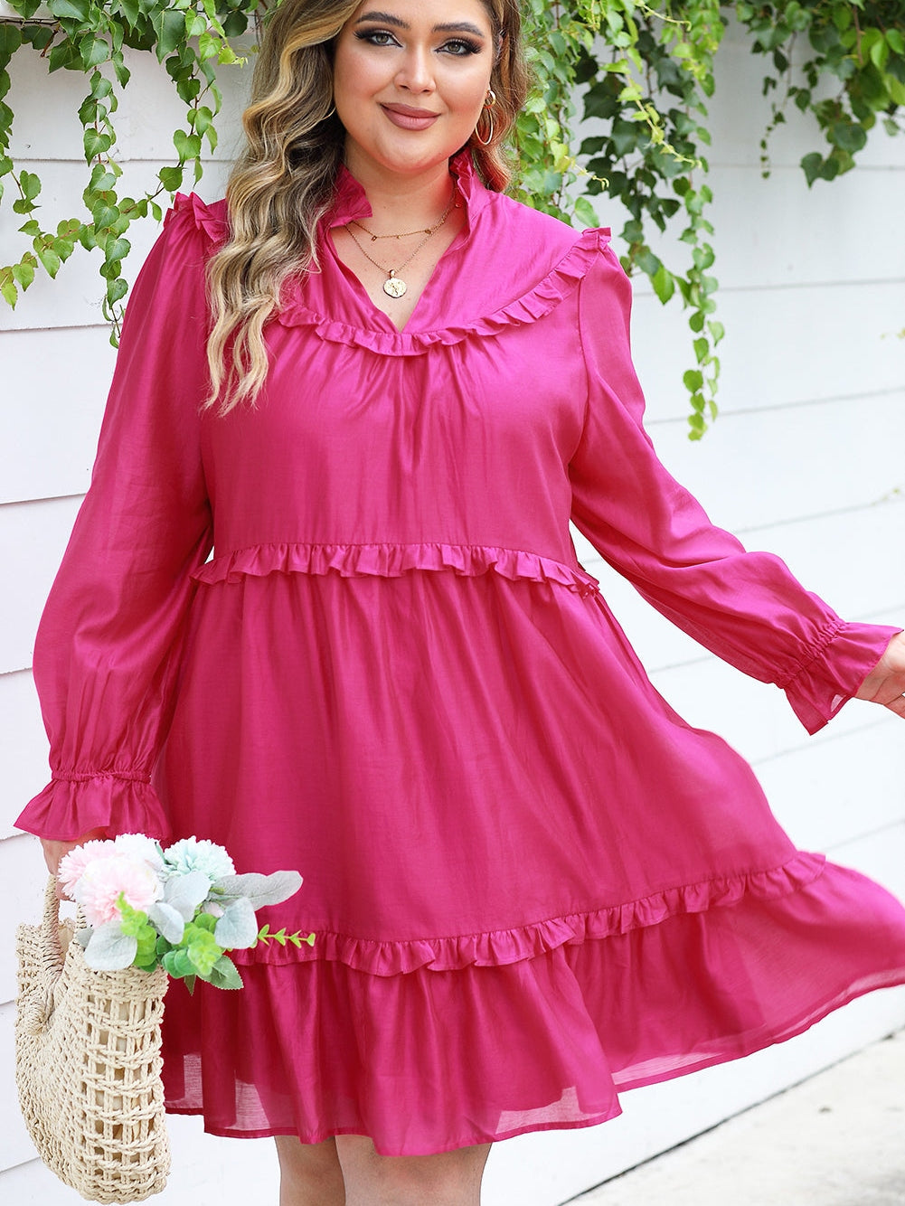 Rosy V-Neck Ruffle Detail Plus Size Shift Dress