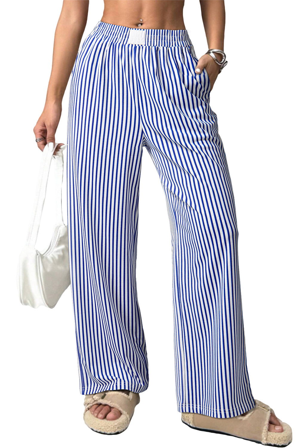 Blue Stripe Elastic High Waist Pocketed Loose Pants
