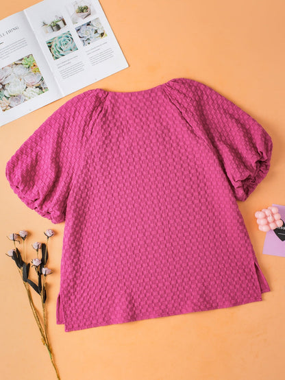 Coral Paradise Solid Textured Bubble Sleeve Plus Size Blouse