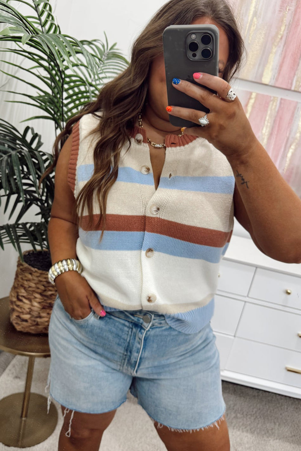 Brown Stripe Buttoned Front Round Neck Plus Size Cardigan Vest