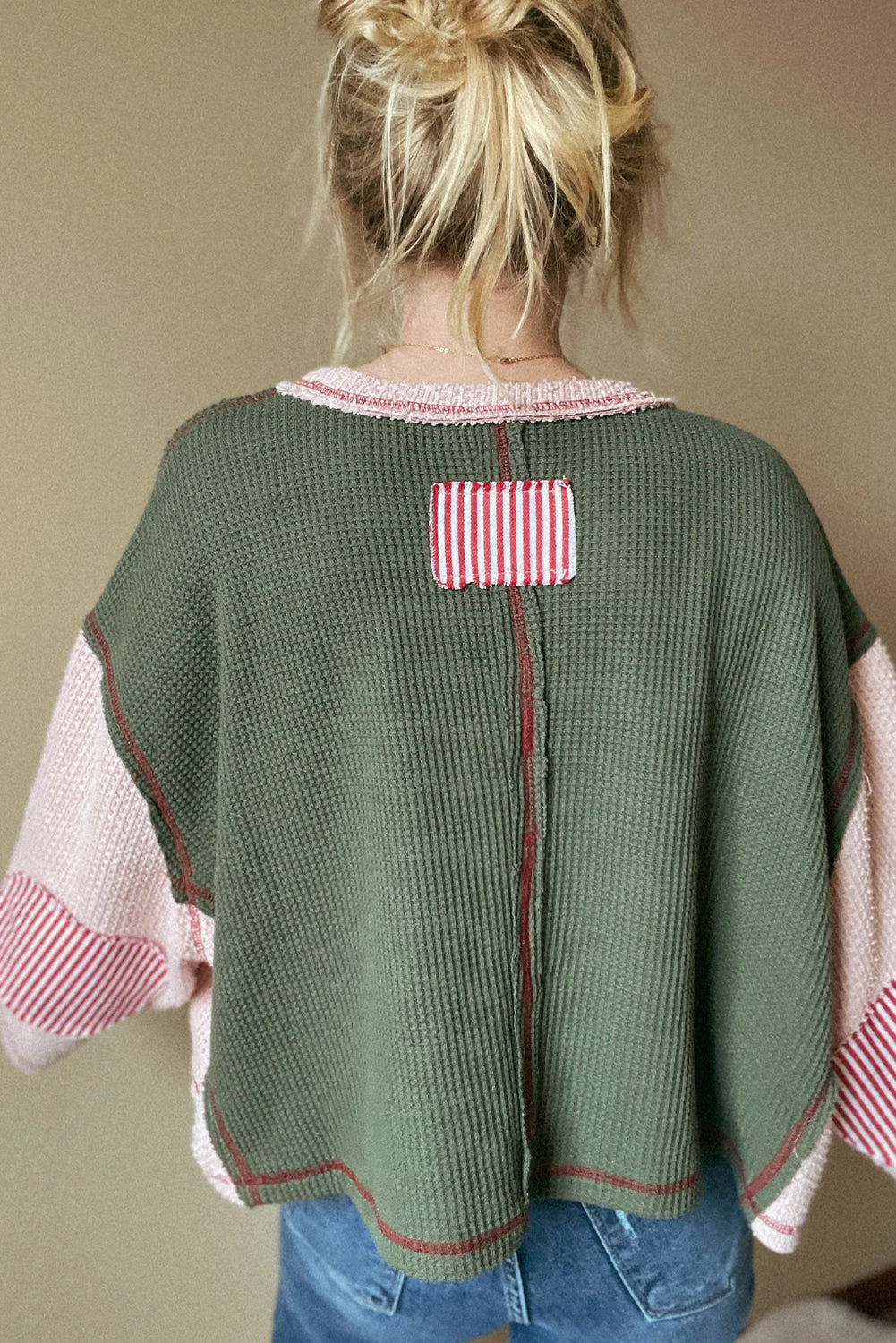 Green Mix Texture Exposed Stitch Color Block Notched Neck Loose Top