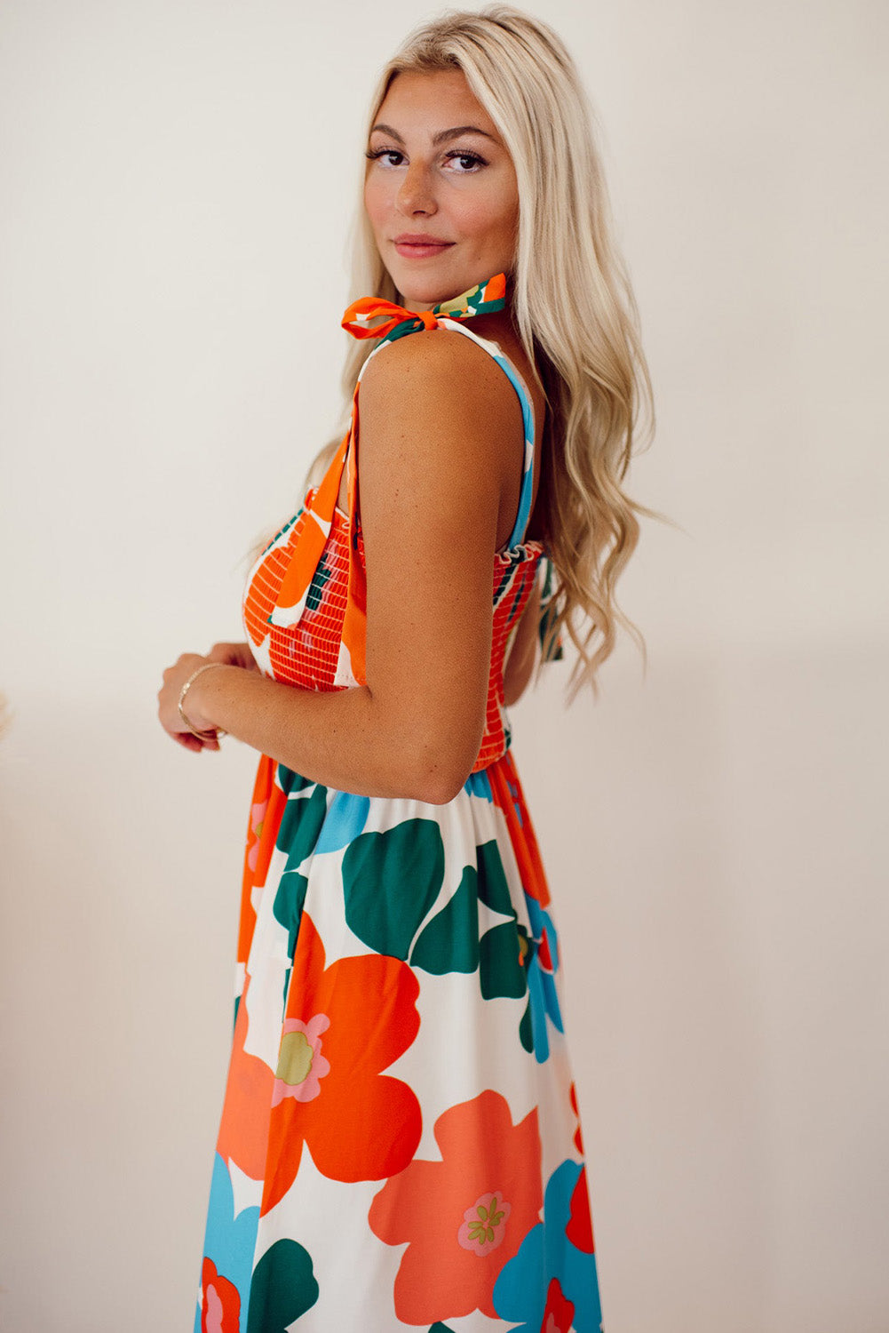 Smocked Floral Print Plus Size White Jumpsuit with Wide Leg