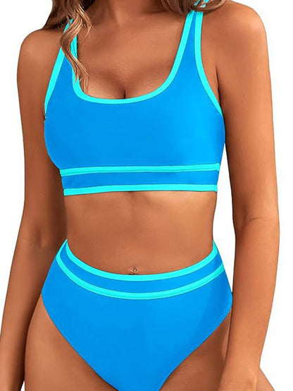 Elegant Light Blue Colorblock High Waist Bikini