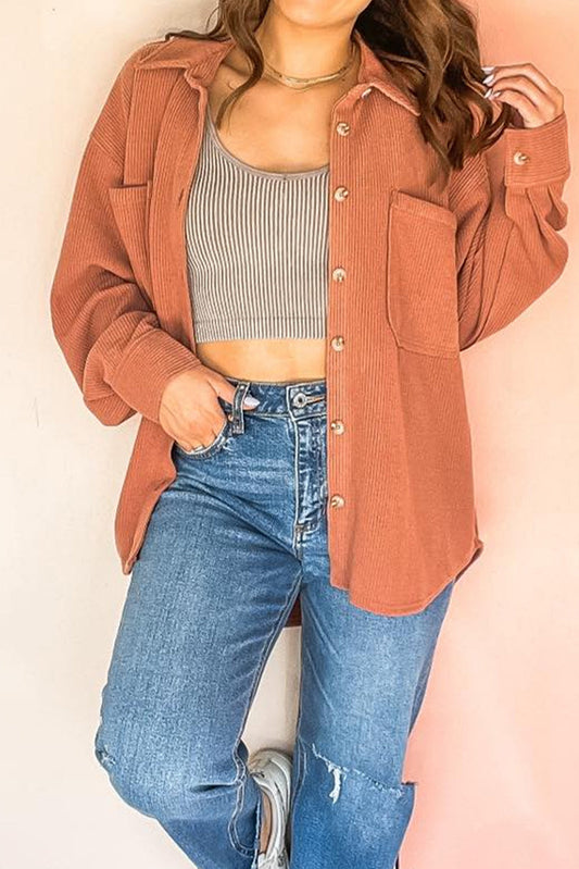 Gold Flame Patched Chest Pockets Button Down Ribbed Shacket