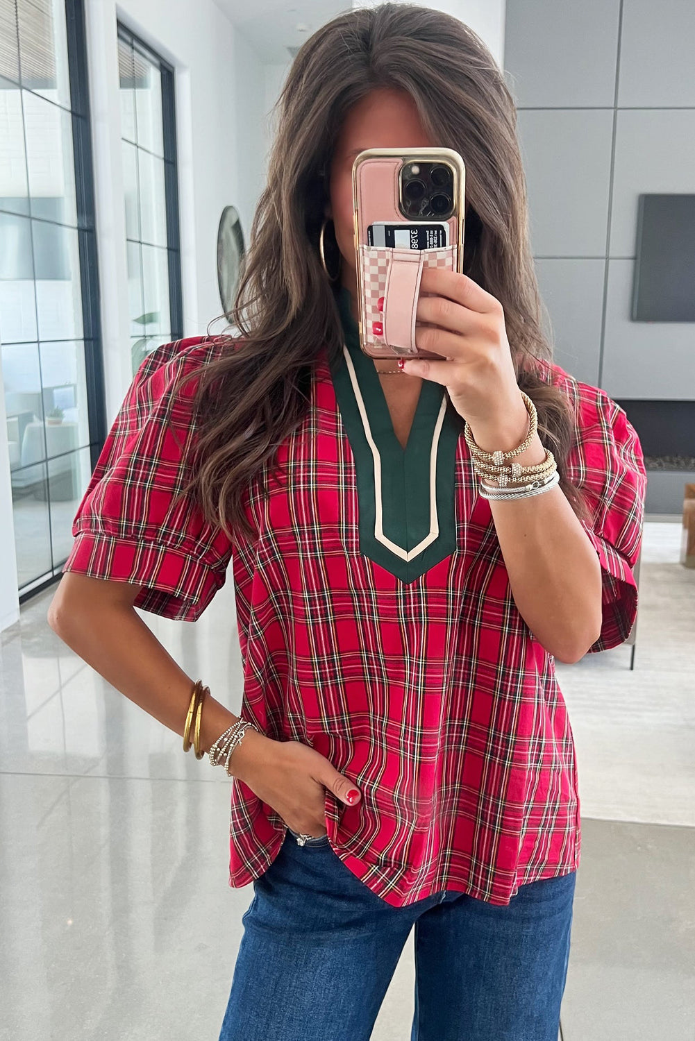 Red Plaid Print Contrast Trim V Neck Short Sleeve Blouse