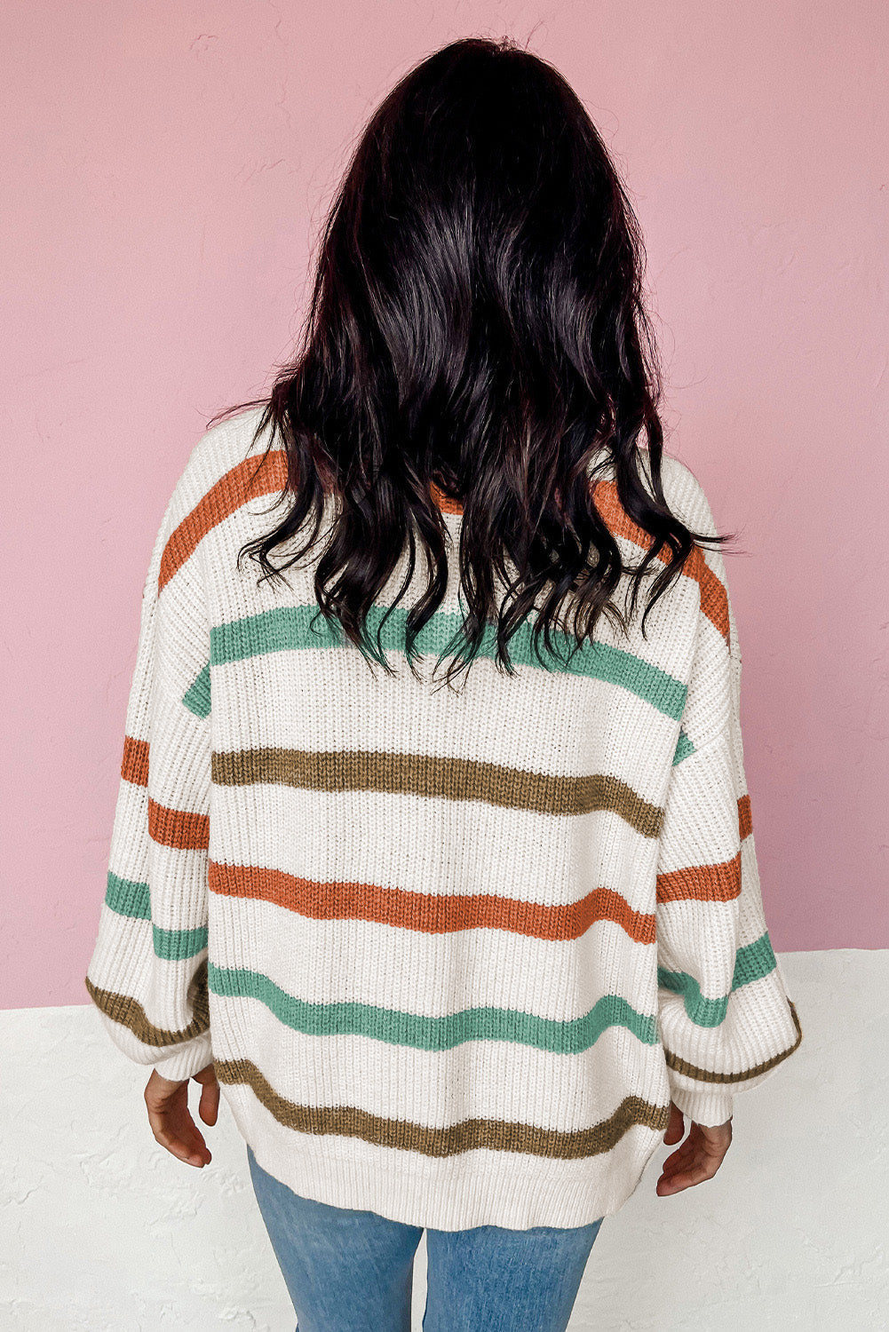 Beige Striped Drop Shoulder Sweater Cardigan with Pockets