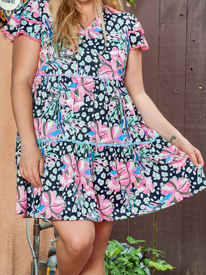 Floral Flared Dress with Multicolour Ric-rac Trim