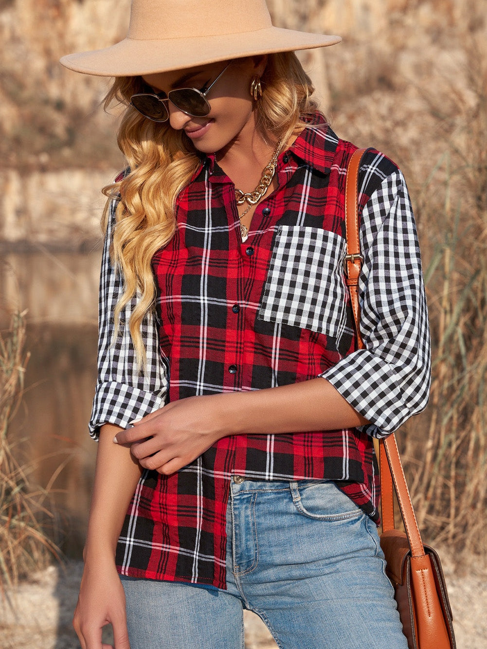 Fiery Red Buffalo Plaid Long Sleeve Shirt with Colorful Pockets