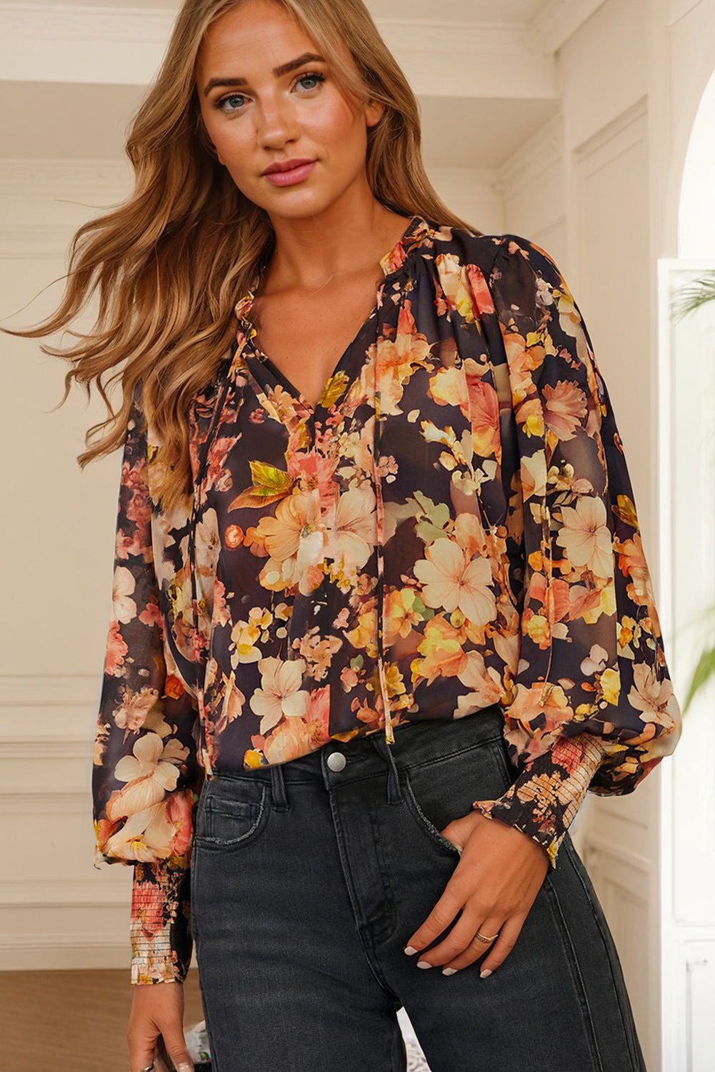 Black Floral V Neck Long Puff Sleeve Breezy Blouse