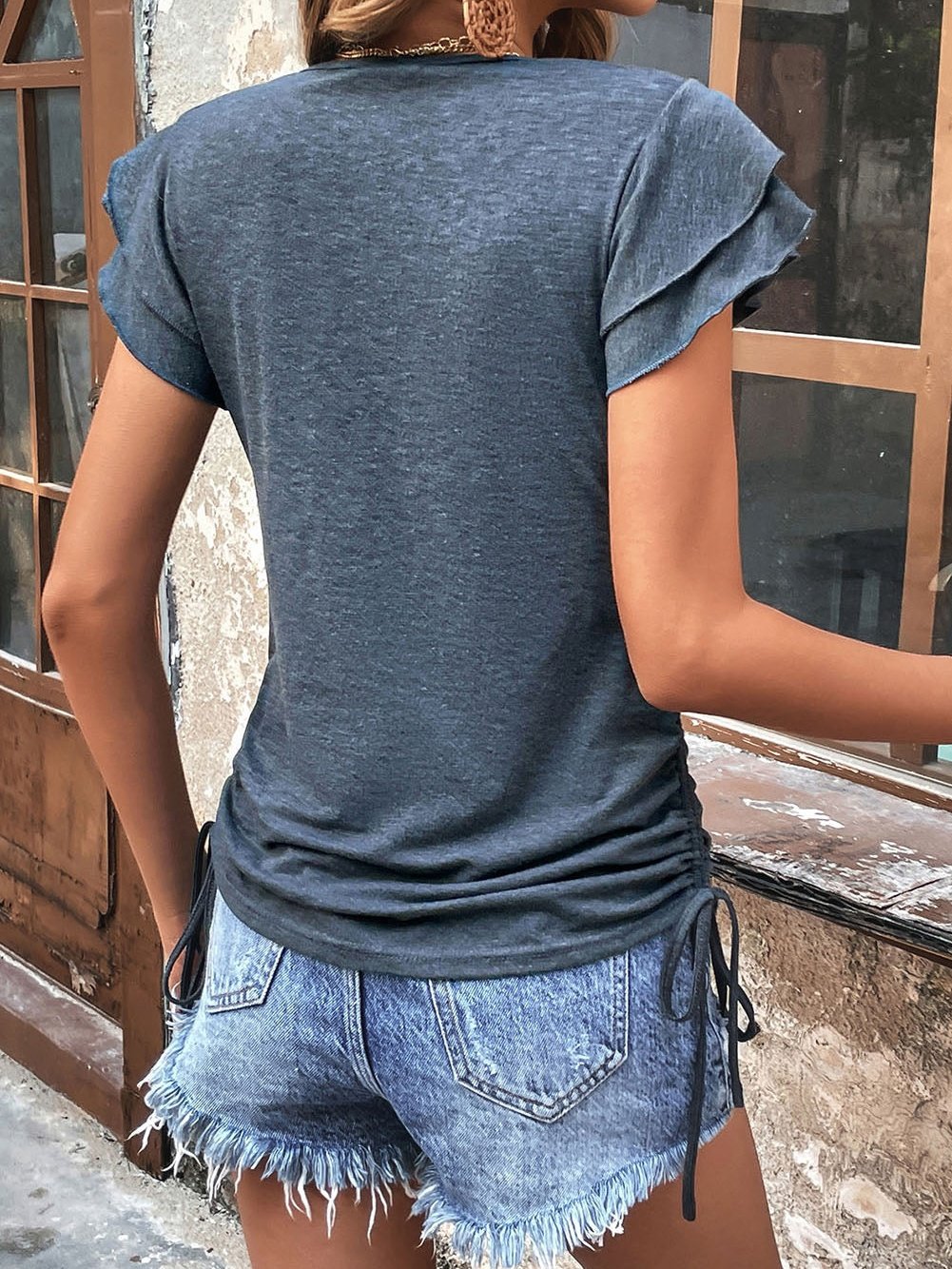 Elegant Gray V Neck Sheath Top with Drawstring Detail