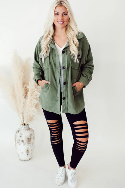 Smoke Green Solid Color Exposed Seam Patchwork Button Down Fleece Shacket
