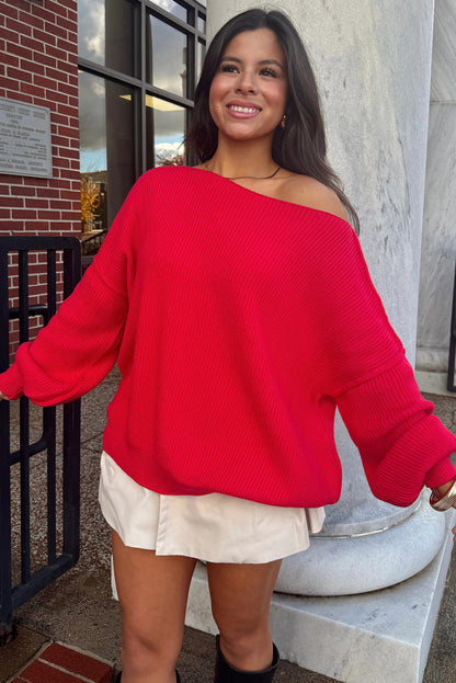 Fiery Red Asymmetric Neck Drop Shoulder Baggy Sweater