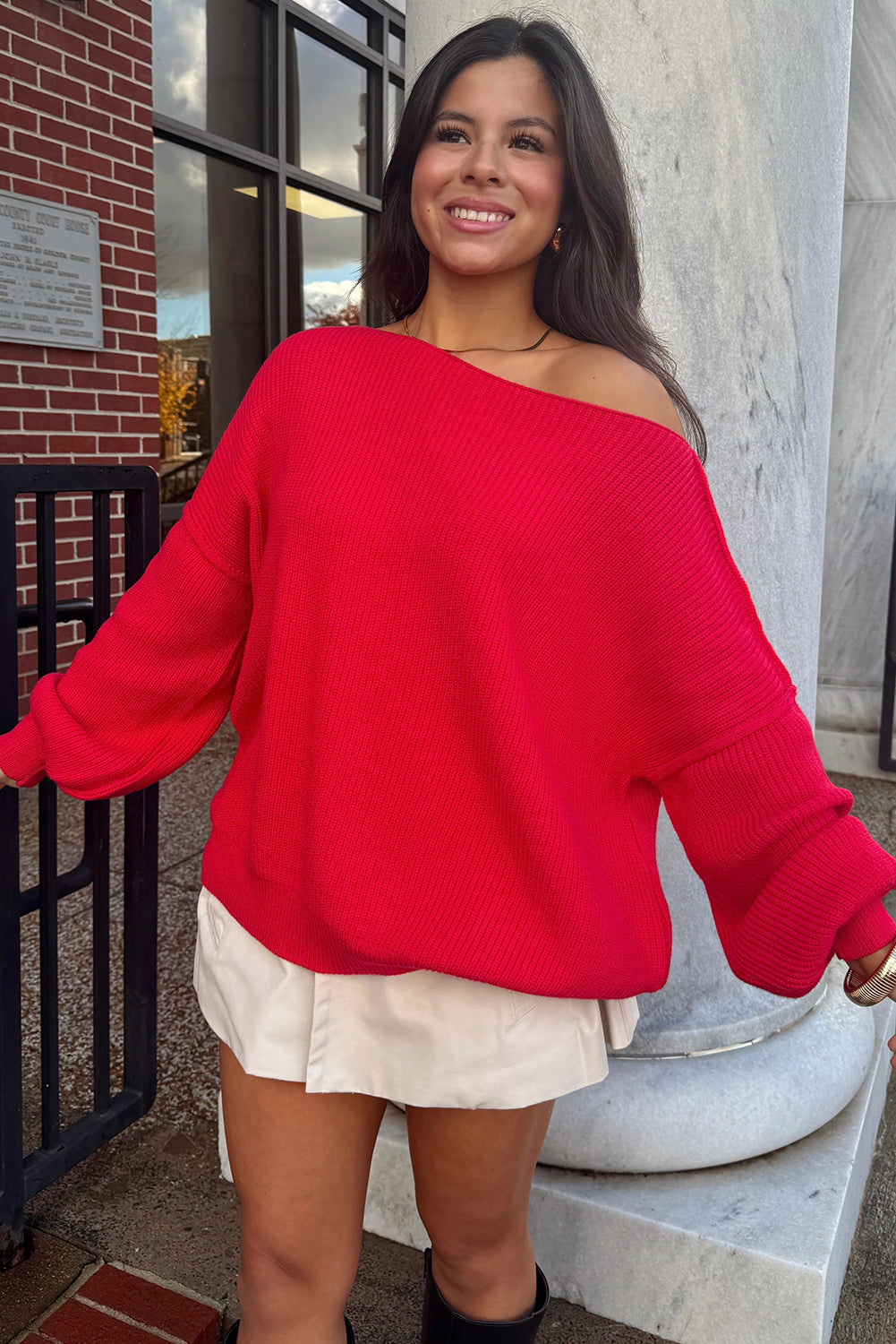 Fiery Red Asymmetric Neck Drop Shoulder Baggy Sweater