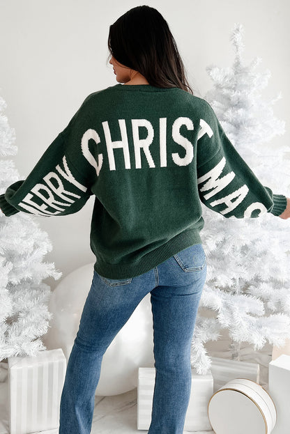 Blackish Green MERRY CHRISTMAS HO HO HO Drop Shoulder Loose Sweater