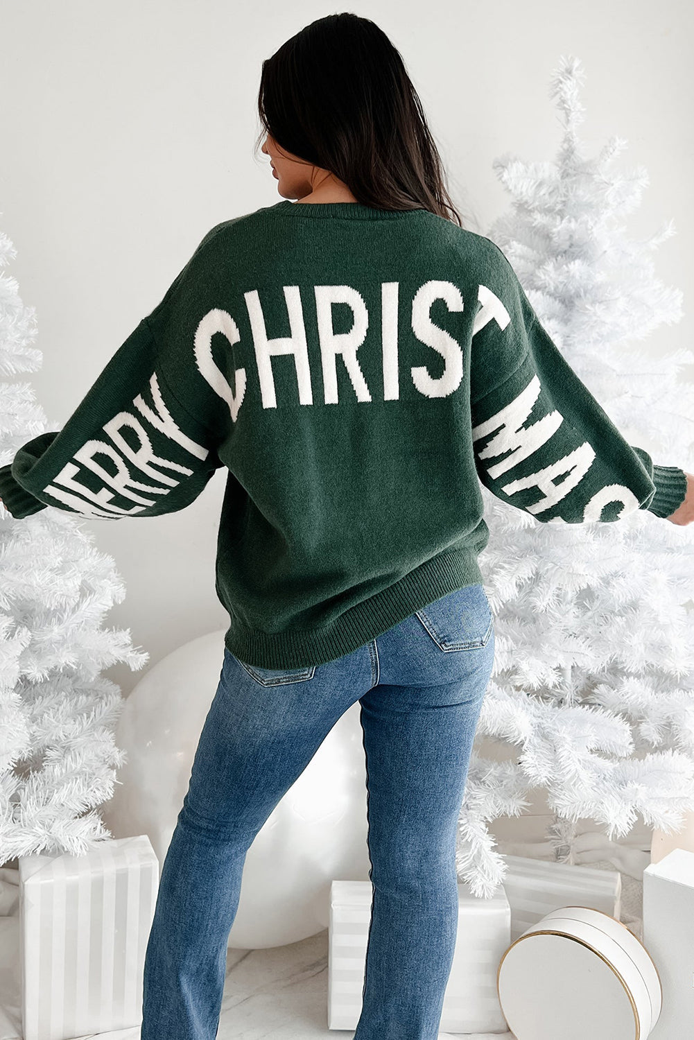 Blackish Green MERRY CHRISTMAS HO HO HO Drop Shoulder Loose Sweater