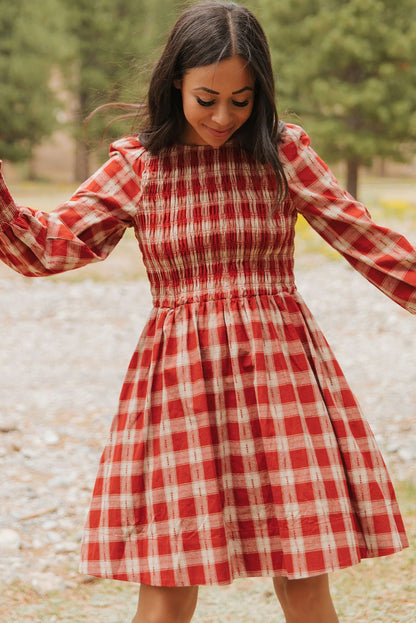 Red Plaid Print Long Sleeve Smocked Flared Mini Dress