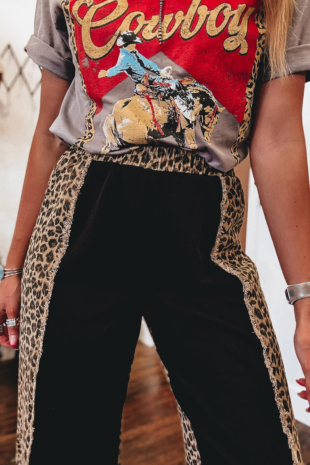 Black Frayed Seam Leopard Patchwork Wide Leg Jeans