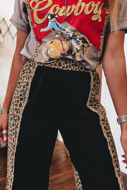 Black Frayed Seam Leopard Patchwork Wide Leg Jeans