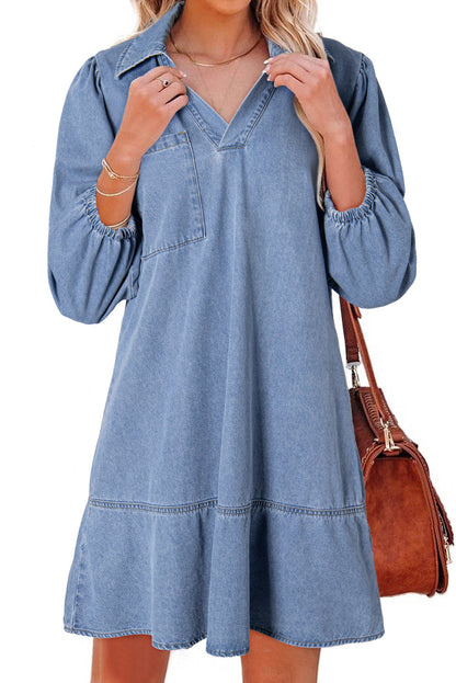 Beau Blue V Neck Collared Single Chest Pocket Long Sleeve Denim Dress