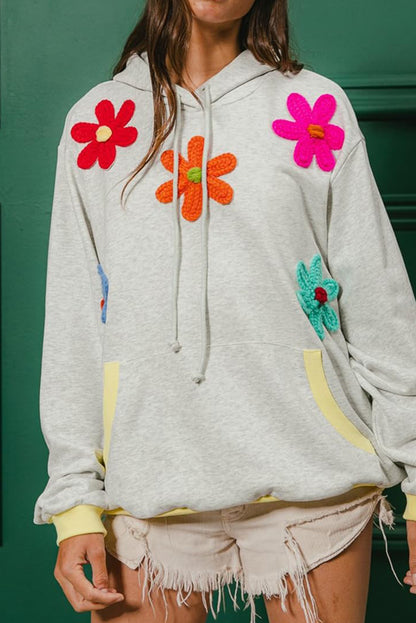 Light Grey Flower Patched Contrast Trim Pullover Hoodie
