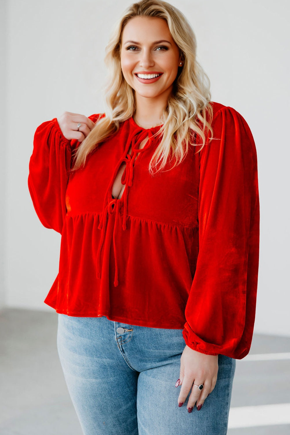 Fiery Red Plus Size Tie Front Velvet Peplum Blouse