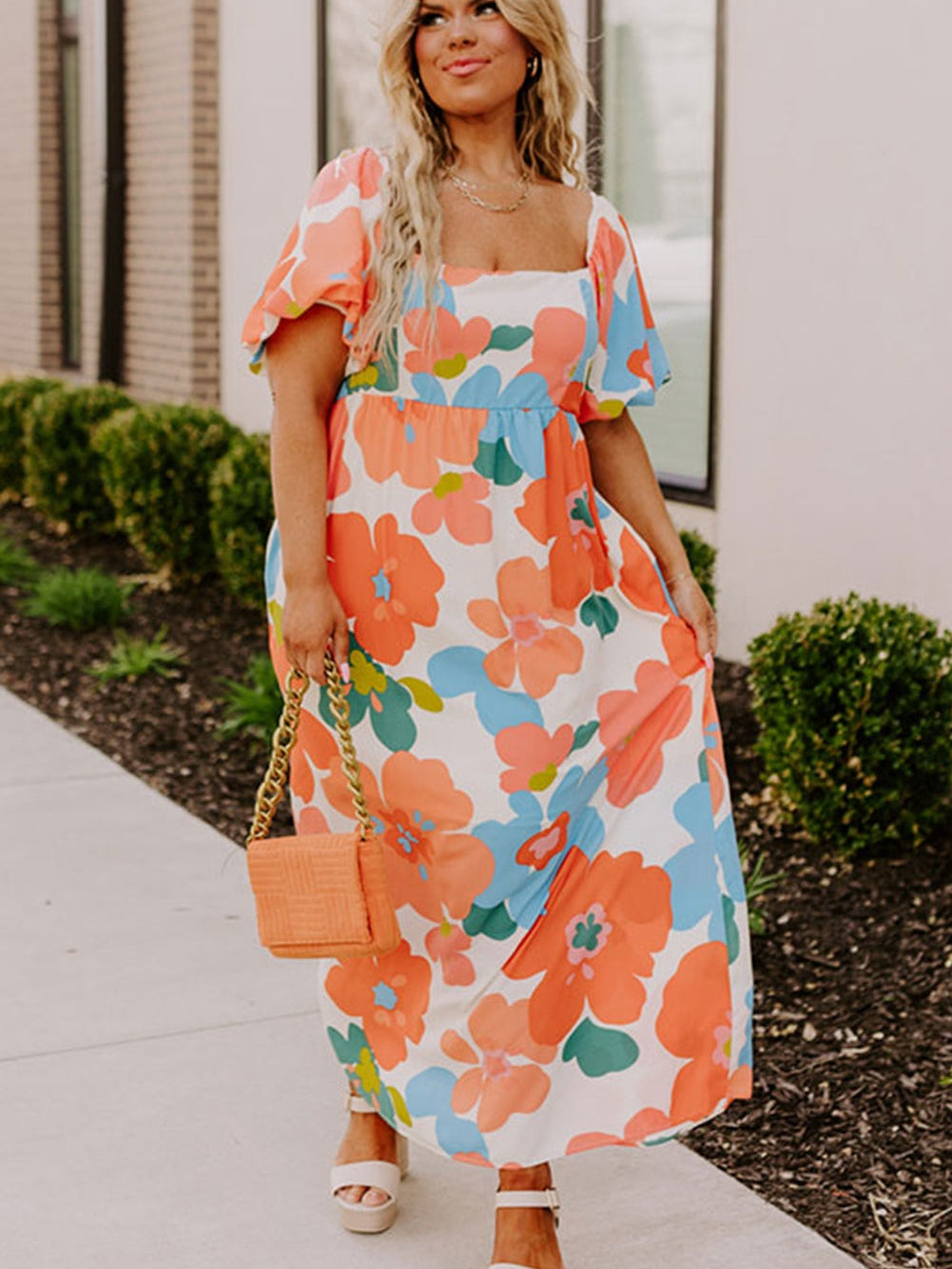 Floral Bliss Plus Size Orange Maxi Dress with Square Neck