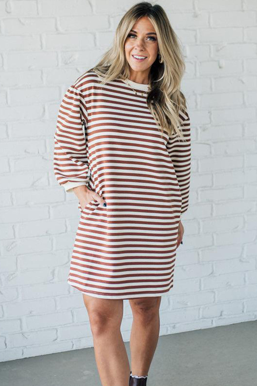 Brown Stripe Puffy Bracelet Sleeve Shift Mini T Shirt Dress