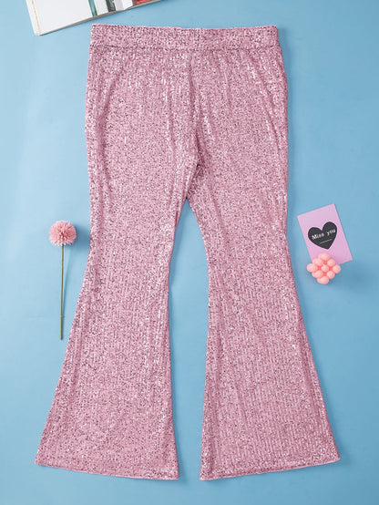Pink Sparkling Sequin Plus Size Flare Trousers