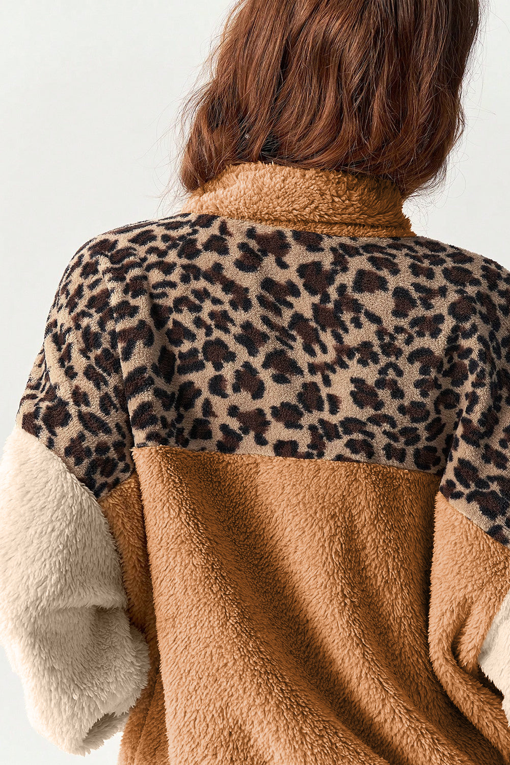 Camel Sherpa Color Block Leopard Patchwork Quarter Zip Plush Pullover Sweatshirt